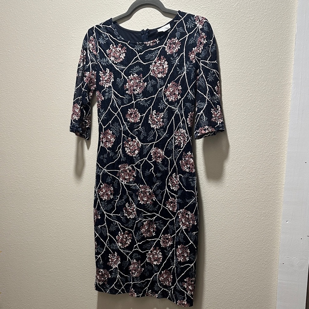 Olivia Matthews Dark Blue and Rose Patterned Midi Dress